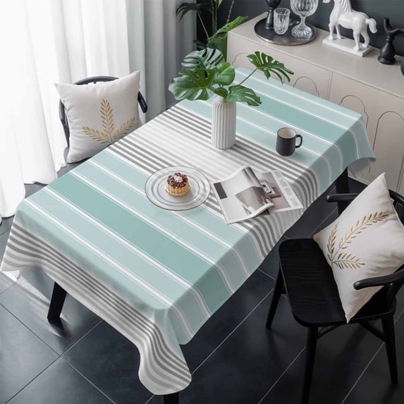 Aqua Gray Stripes Table Cloth Waterproof Tablecloths, Minimalist Gradient Lines Aesthetic Tablecloth Dining Table Cover for Kitchen Party Tabletop Outdoor, Rectangle Tablecloth 60x120 Inch