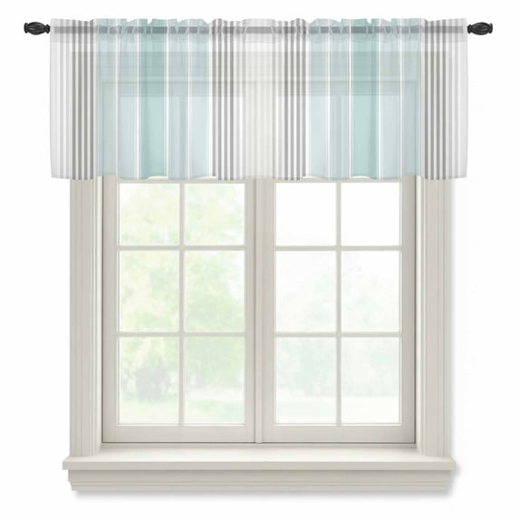 Aqua Gray Stripes Valance Curtains for Kitchen/Living Room/Bathroom/Bedroom Window, Rod Pocket Small Topper Half Short Window Curtains Voile Sheer Scarf, Minimalist Gradient Lines Aesthetic 42"x18"