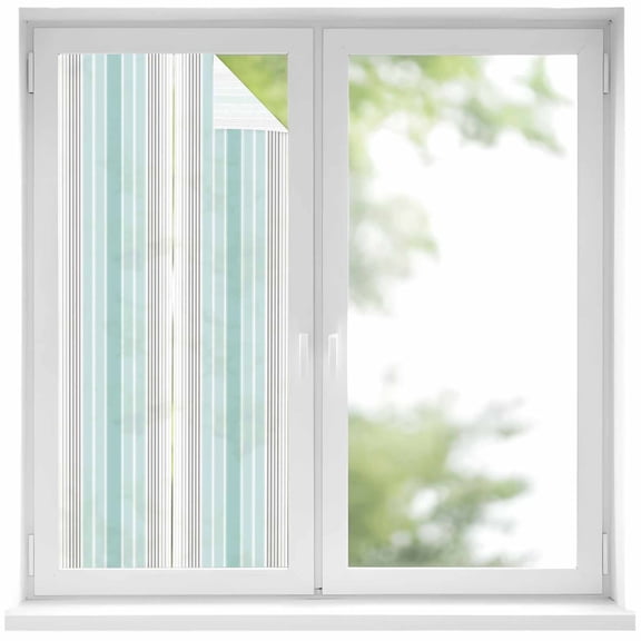Aqua Gray Stripes Window Privacy Film, Minimalist Gradient Lines Aesthetic Static Cling UV Sun Blocking Heat Control Window Tint, Non-Adhesive One Way Windows Privacy Cover 19.6''x39.3''