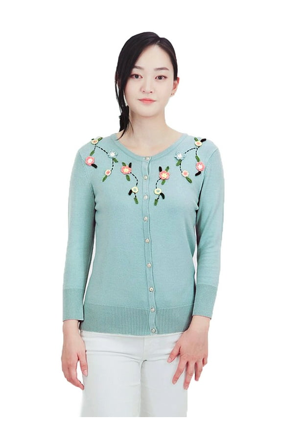 Aqua Green Crew Neck Button Up Cardigan Sweater w Crocheted Flowers - Medium