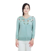 Aqua Green Crew Neck Button Up Cardigan Sweater w Crocheted Flowers - Small