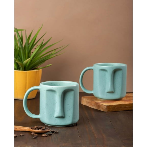 Aqua Green Expression: Face-Shaped Design Ceramic Coffee Mug - 400 ML Capacity, Microwave and Dishwasher Safe, Coffee Mug for Gift, Ideal for Coffee & Tea (Set of 2)