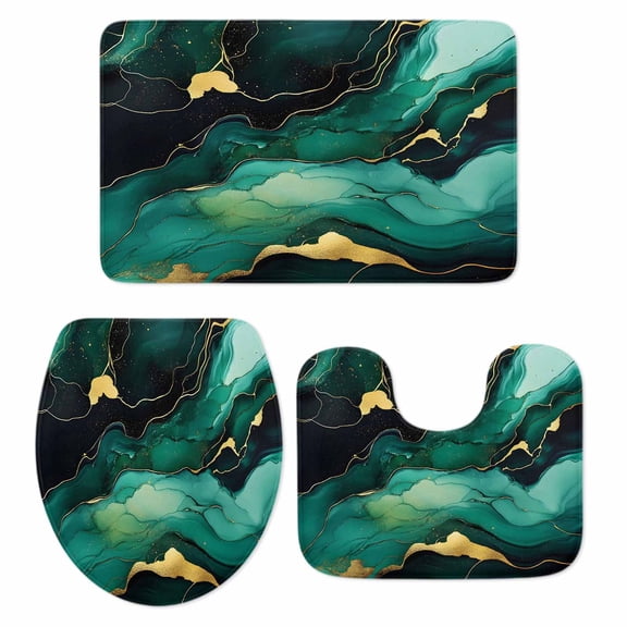 Aqua Green Gold Marble Bathroom Rugs Set Bronzing Watercolor Modern Abstract Art Non Slip Absorbent Soft Bath Mats 3 Piece Set with Bathroom Rug, U-Shaped Floor Mat, Toilet Seat Cover Small Size