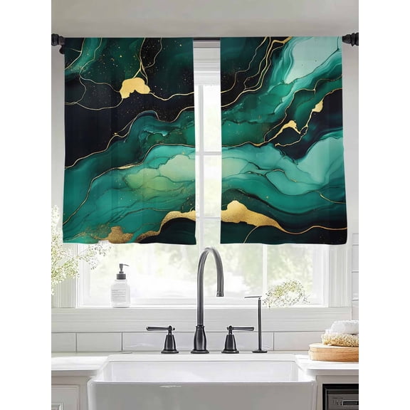 Aqua Green Gold Marble Sheer Curtains 45 Inches Long 2 Panels Bronzing Watercolor Modern Abstract Art Light Filtering Semi Sheer Window Curtains Drapes for Bedroom Living Room 52"x45"