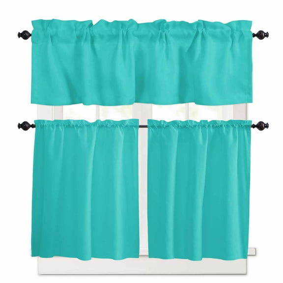 Aqua Green Kitchen Curtains Valances and Tiers Set of 3, Solid Color 36 Inch Length Tier Curtains and Valance Rod Pocket Valance Curtains Set for Kitchen Bathroom Small Windows