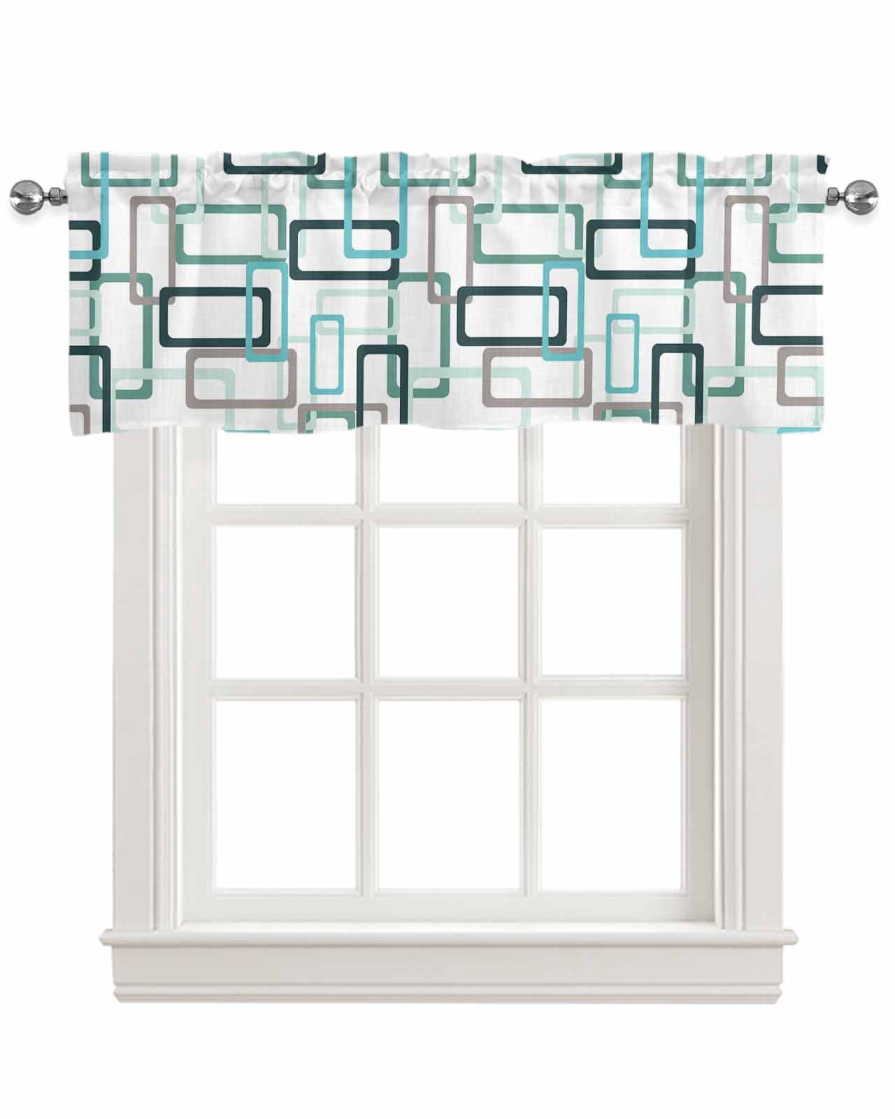Aqua Green Linen Curtain Valance for Bedroom/Bathroom/Kitchen/Office/Living/Dining Room Windows, Geometric Black Grey Simple White Rod Pocket Topper Decorative Cafe Drapes Panel 54"x18"
