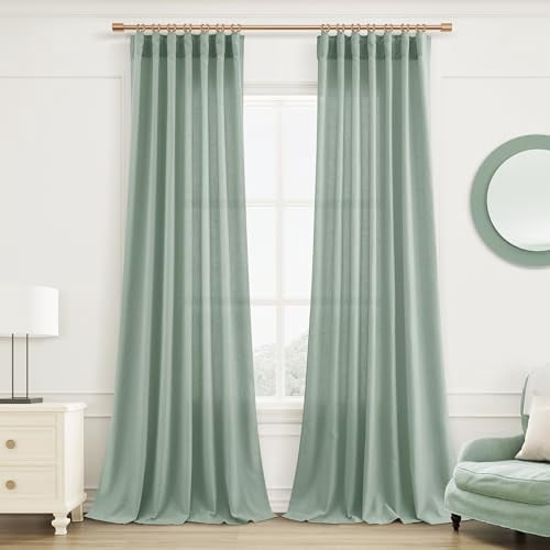 Aqua Green Linen Semi Sheer Curtains 108 Inches Length Light Filtering Neutral Farmhouse Boho Rod Pocket Back Tab Hook Belt Clip Rings Window Drapes for Bedroom Living Room 2 Panels 52x108