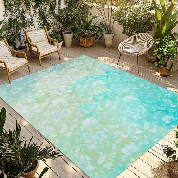 Aqua Green Outdoor Rug 4x6 Ft - Reversible Patio Rug Outdoor Camping Rugs, Watercolor Colorful Ombre Abstract Floral Art Indoor Outdoor Area Rugs, Non-Slip Outdoor Carpet Runner for Deck/Porch