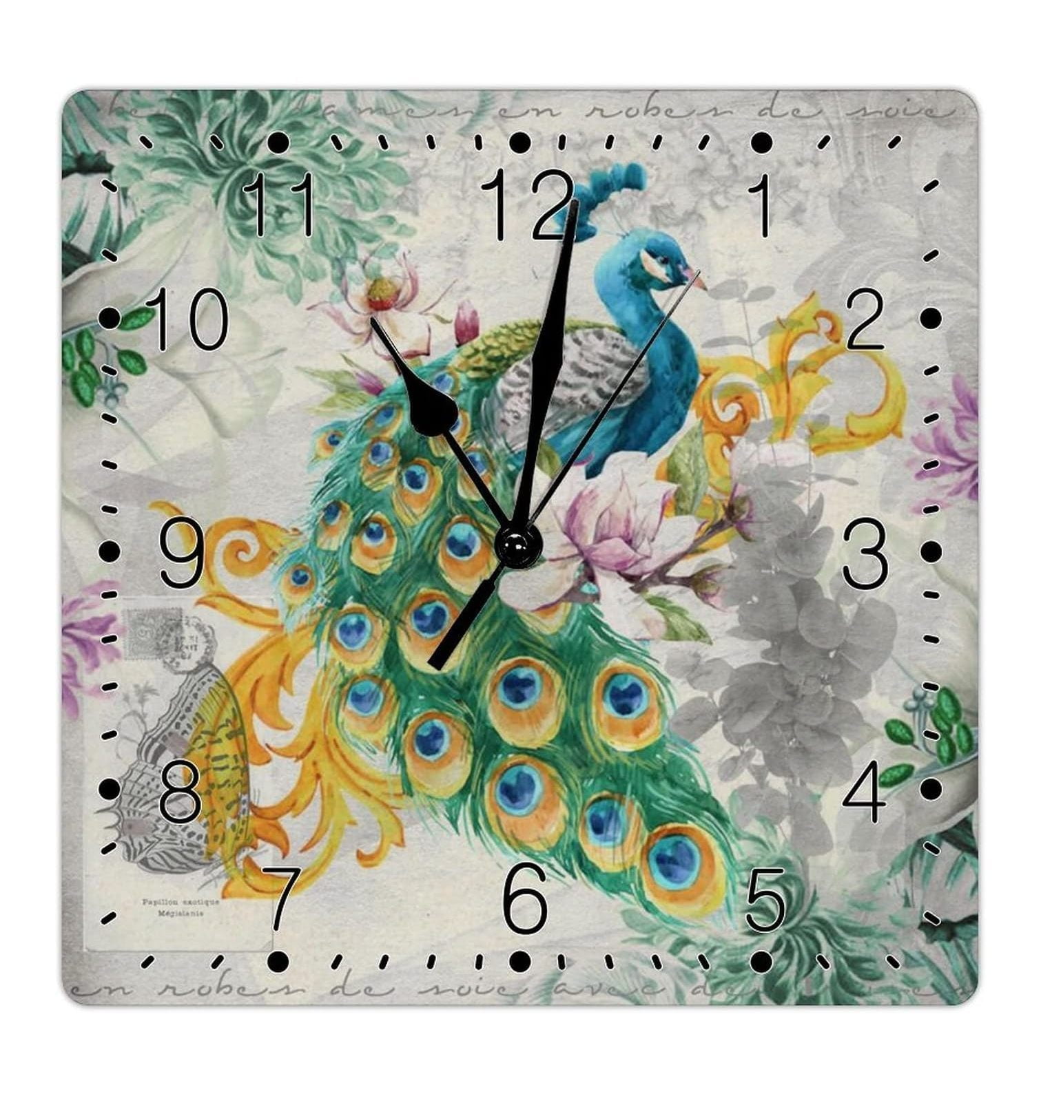 Aqua Green Peacock Feathers Wooden Wall Clock French Vintage
