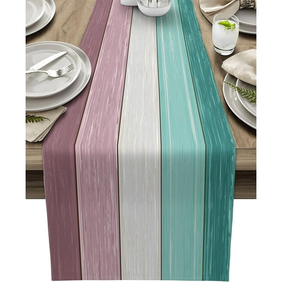 Aqua Green Purple Summer Table Runner, Nautical Coastal Beach Farmhouse Cotton Linen Holiday Table Decor for Home,Kitchen,Dining Room,Indoor,Outdoor,Small 13X36 Inches Retro Rustic Barn Wood Texture