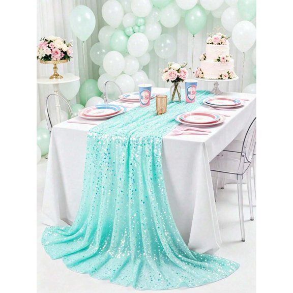 Aqua Green Sequin Table Runner, Mermaid Style Glitter Fabric Party Decor