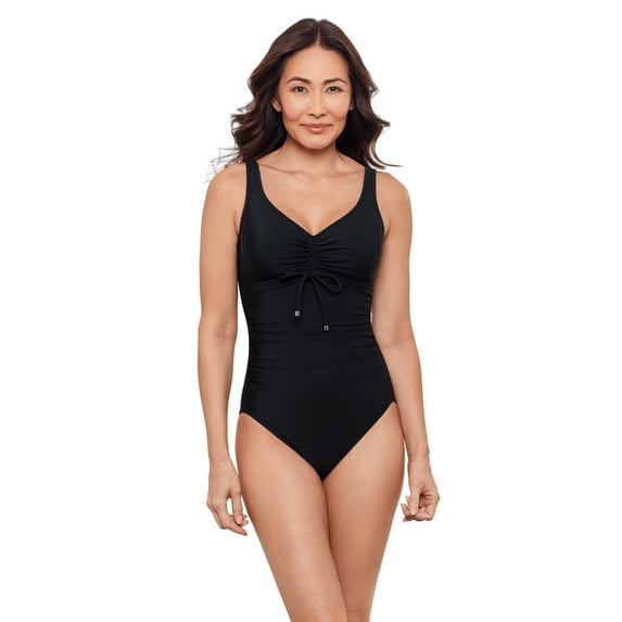 Aqua Green Women's Cinched V-Neck Shirred One Piece, Black, Large