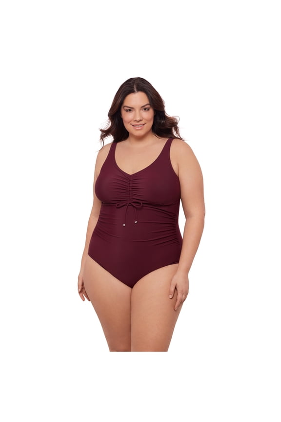 Women's Plus Size Cinched V-Neck Shirred One Piece, Currant Red, 1X