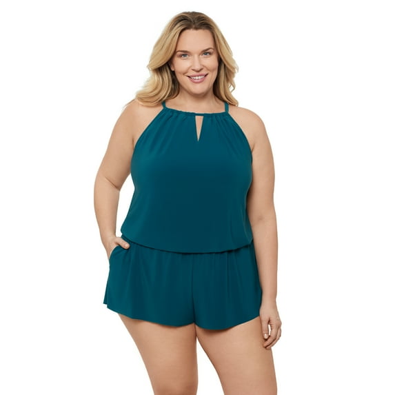 Aqua Green, Women's Plus Size Keyhole Blouson Romper, Lagoon Blue, 1X