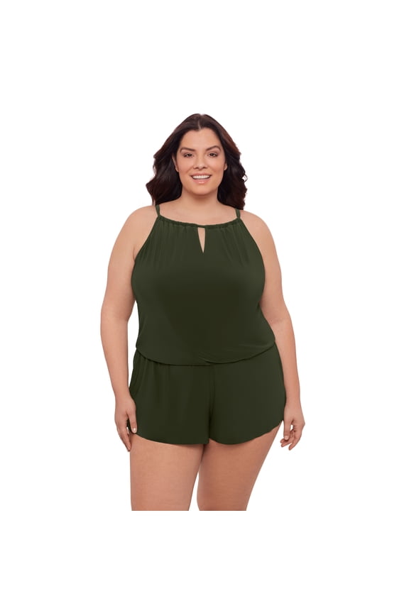 , Women's Plus Size Keyhole Blouson Romper, Malachite Green, 1X