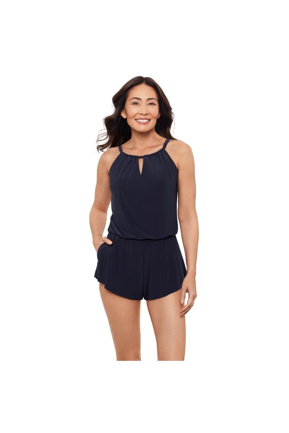 , Women's Keyhole Blouson Romper, True Navy Blue, Large