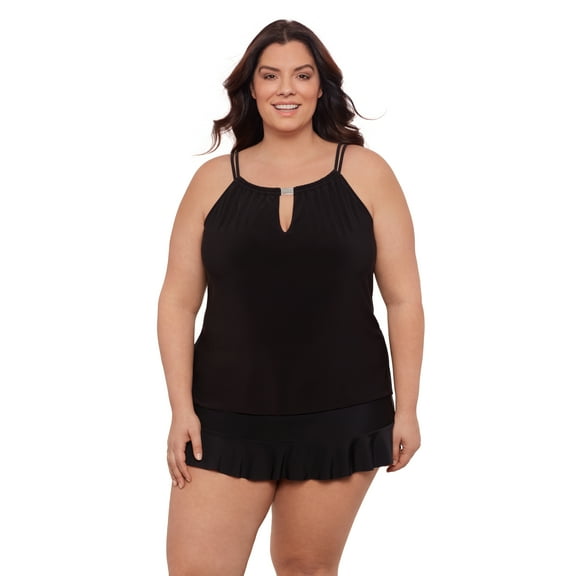 Aqua Green Women's Plus Size Keyhole Tankini w/ Hardware, Black, 1X