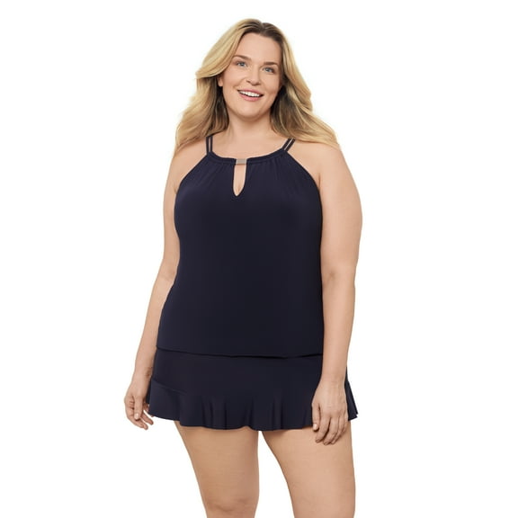 Aqua Green Women's Plus Size Keyhole Tankini w/ Hardware, True Navy Blue, 1X