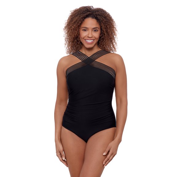 Aqua Green, Women's Novelty Trim High Neck One Piece, Black, Large