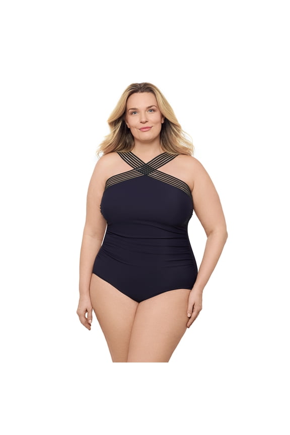 , Women's Plus Size Novelty Trim High Neck One Piece, True Navy Blue, 2X