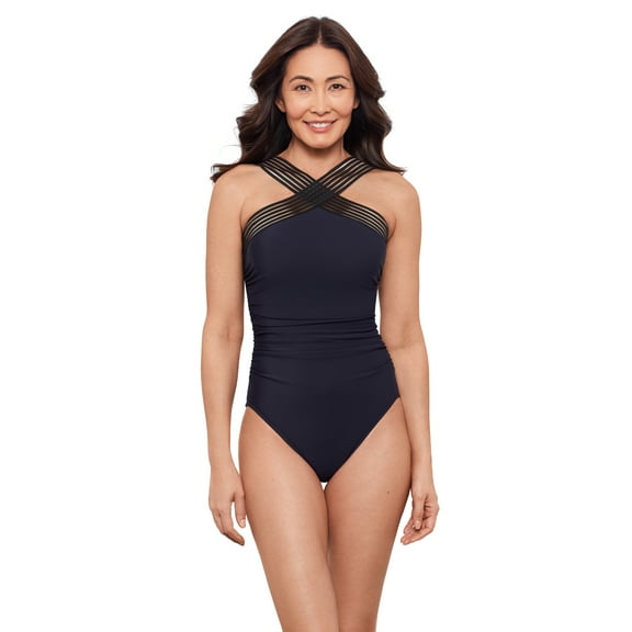 Aqua Green, Women's Novelty Trim High Neck One Piece, True Navy Blue, Medium