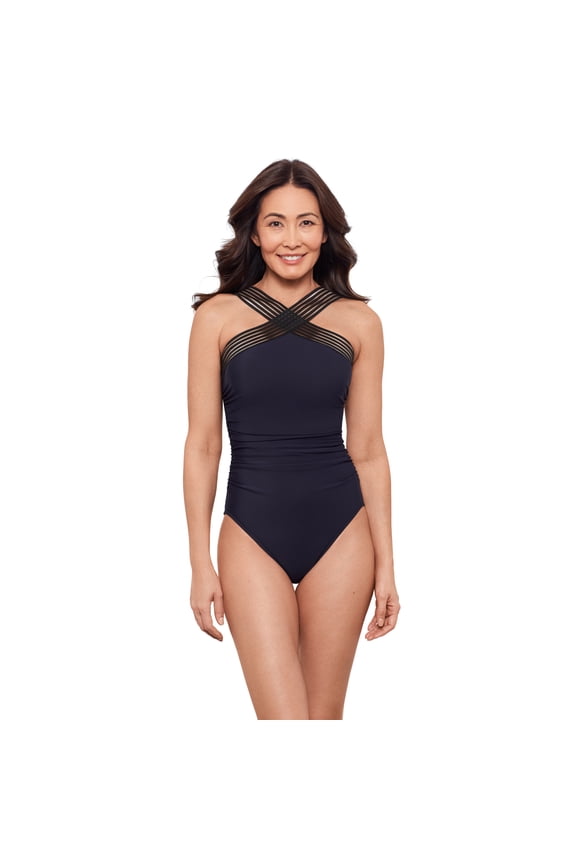 , Women's Novelty Trim High Neck One Piece, True Navy Blue, Medium