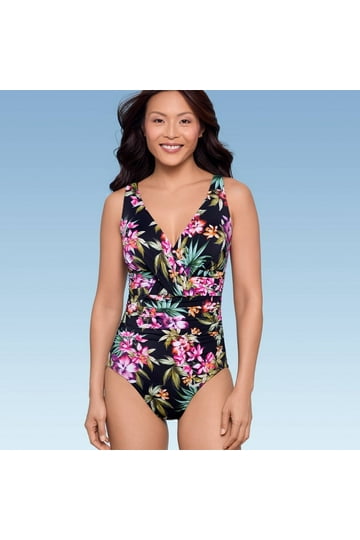 Aqua Green Women's One Piece Swimsuit – Princess Seam, Shirred, UPF 50+, Seeing Spots Print, Size 1X