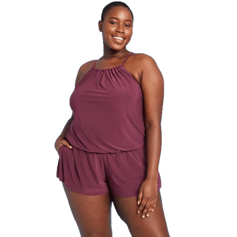 Aqua Green Women's Plus Size High Neck Swim Romper with Pockets - Currant  Red - (24W)
