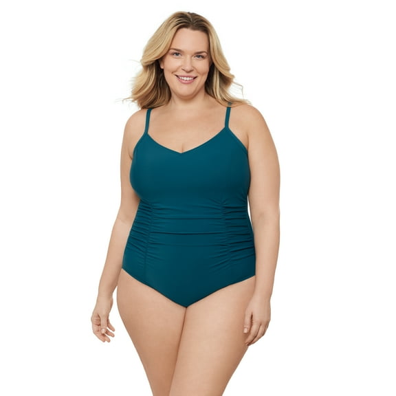 Aqua Green, Women's Plus Size Princess Seam Shirred One Piece, Lagoon Blue, 2X