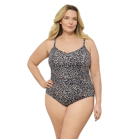 Aqua Green, Women's Plus Size Princess Seam Shirred One Piece, Seeing Spots Brown, 1X