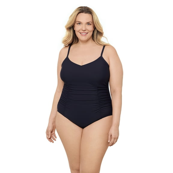Aqua Green, Women's Plus Size Princess Seam Shirred One Piece, True Navy Blue, 2X