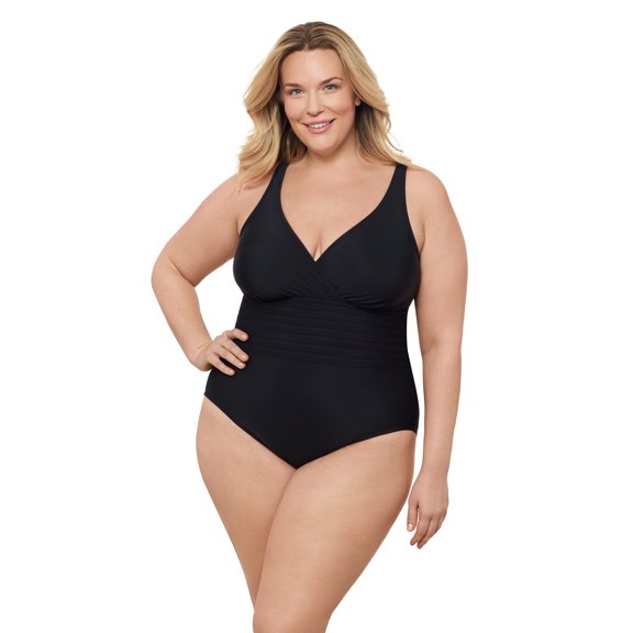 Aqua Green, Women's Plus Size Surplice Trim Overlay One Piece, Black, 3X