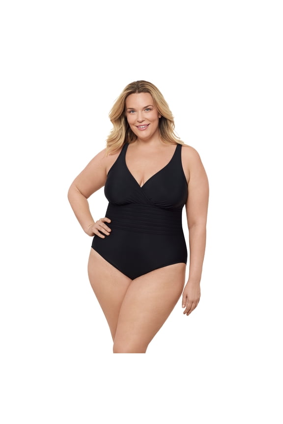 , Women's Plus Size Surplice Trim Overlay One Piece, Black, 3X