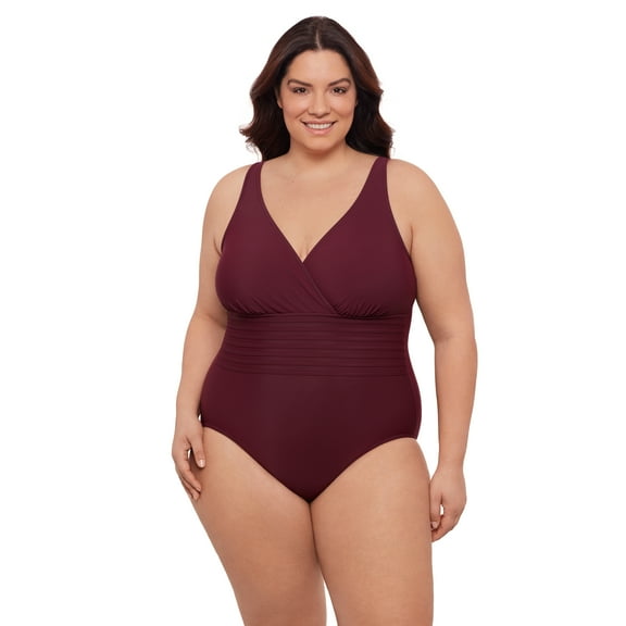 Aqua Green, Women's Plus Size Surplice Trim Overlay One Piece, Currant Red, 1X