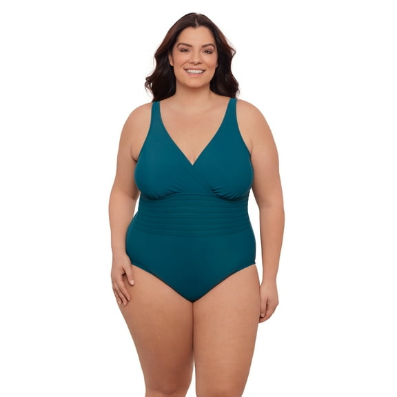 Aqua Green, Women's Plus Size Surplice Trim Overlay One Piece, Lagoon Blue, 2X