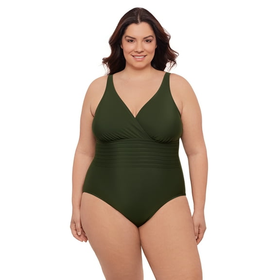 Aqua Green, Women's Plus Size Surplice Trim Overlay One Piece, Malachite Green, 1X