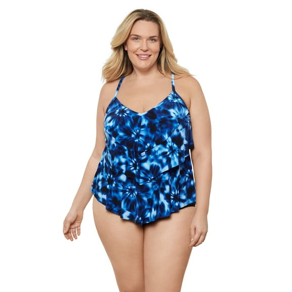 Aqua Green, Women's Plus Size Triple Tier Tankini, Chic Tie Dye Blue, 2X