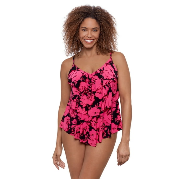 Aqua Green, Women's Triple Tier Tankini, Fleurette Pink, Medium
