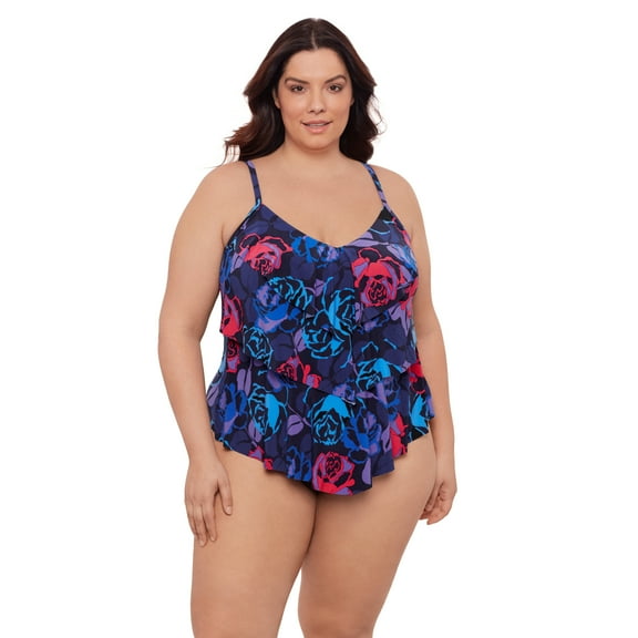 Aqua Green, Women's Plus Size Triple Tier Tankini, Rose Grows Multicolored, 3X