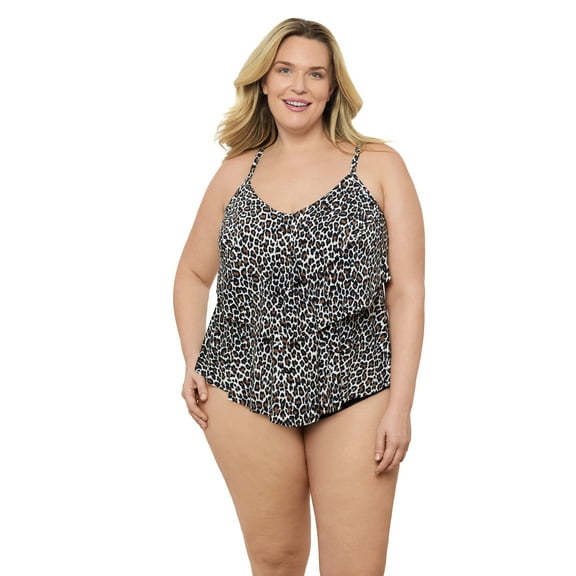 Aqua Green, Women's Plus Size Triple Tier Tankini, Seeing Spots Brown, 3X