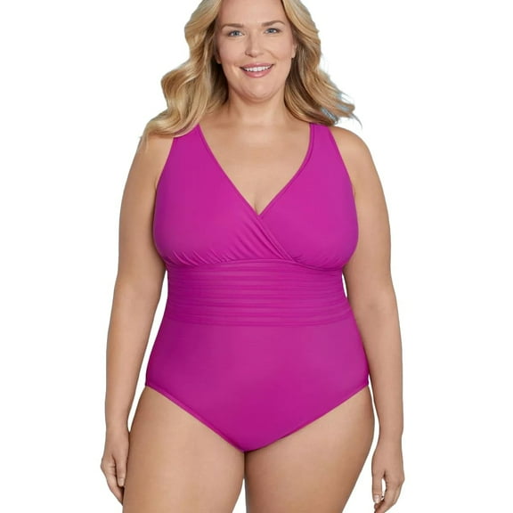 Aqua Green Women's UPF 50 Waist Detail Over The Shoulder One Piece Swimsuit - (US, Numeric, 18, Plus, Regular, Pink)