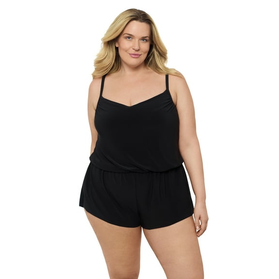 Aqua Green, Women's Plus Size Vneck Blouson Romper, Black, 1X