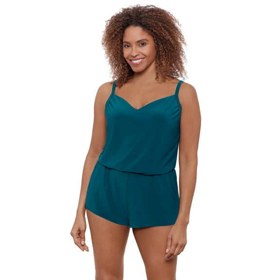 Aqua Green, Women's Vneck Blouson Romper, Lagoon Blue, X-Large
