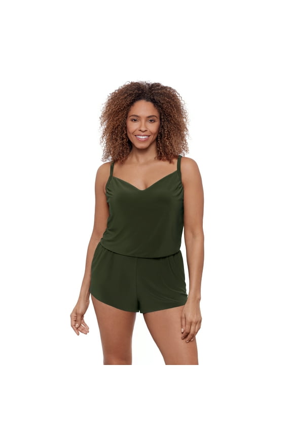 , Women's Vneck Blouson Romper, Malachite Green, Large
