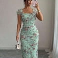 thumbnail image 1 of Aqua Green Womens Floral Mesh Ruched Midi Dress With Square Neckline And Ruffled Cap Sleeves, 1 of 7