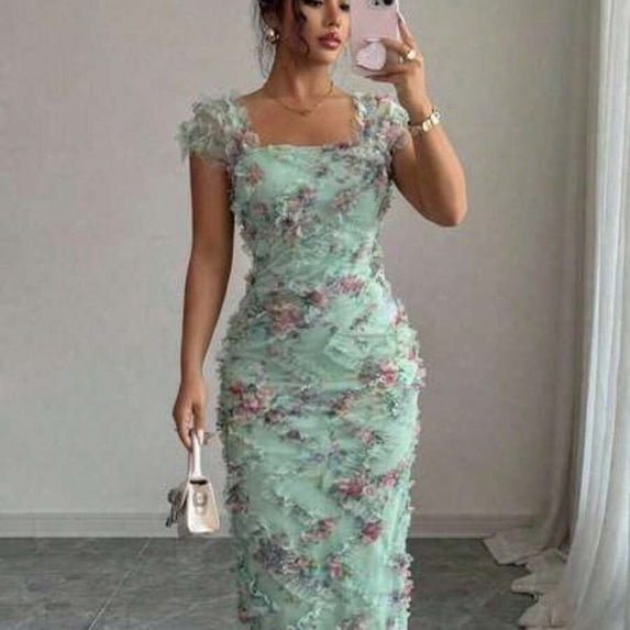 Aqua Green Womens Floral Mesh Ruched Midi Dress With Square Neckline And Ruffled Cap Sleeves