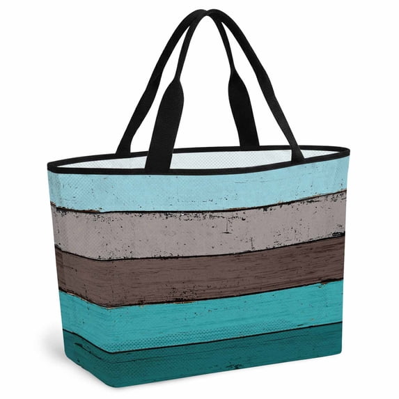 Aqua Grey Beach Bag for Women, Large Breathable Mesh Beach Tote Bag, Vintage Stripe Farmhouse Wood Grain Ombre Sandproof Lightweight Travel Bags for Vacation Picnic Swimming Pool 15.7"x15.7"x9.1"