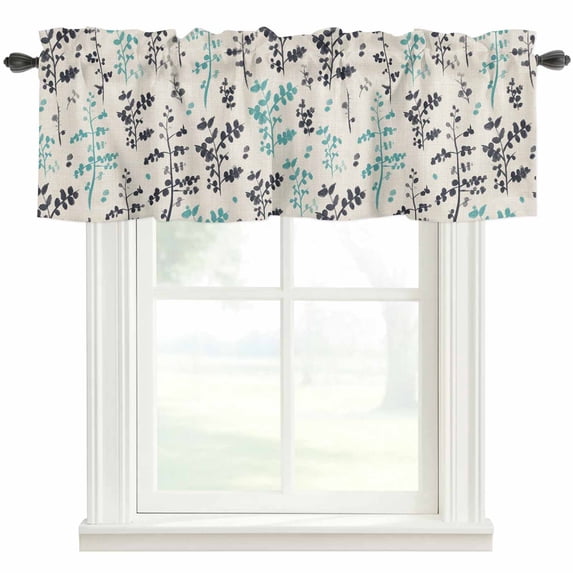 Aqua Grey Botanical Farmhouse Short Window Curtain Valances, Rustic Country Spring Floral Summer Leafv Rod Pocket Kitchen Valances for Living Room Bedroom Bathroom Cafe 54" x 18"