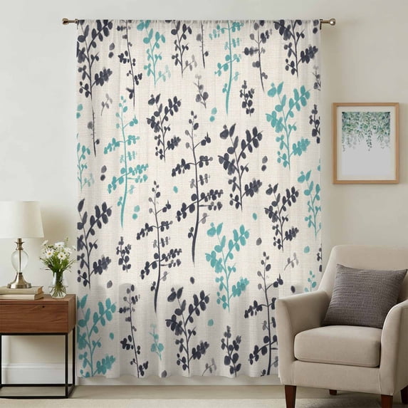 Aqua Grey Botanical Sheer Curtains 54 Inches Long, Rustic Country Spring Floral Summer Leafv Light Filering Curtains, Breathable Simi Curtain Privacy Drapes for Kitchen Bathroom Window Treatment