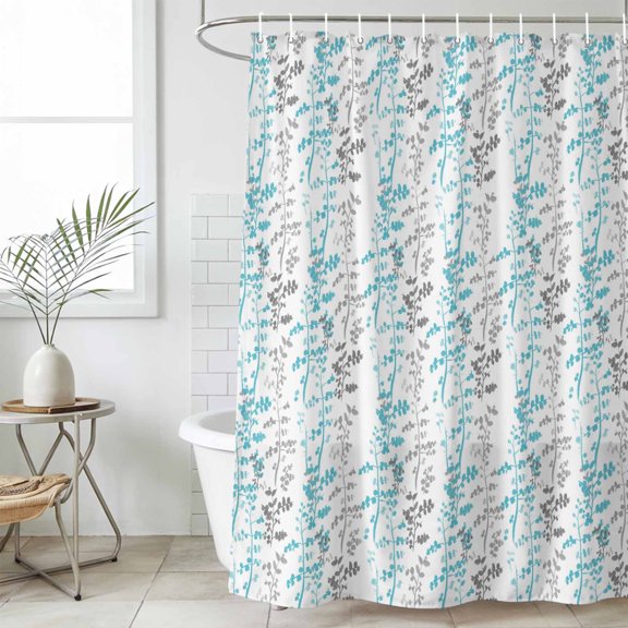 Aqua Grey Botanical Shower Curtain Set, Waterproof Shower Curtains for Bathroom, Spring Floral Summer Farmhouse Washable Fabric Cloth Bath Curtain for Bathtub Decoration with Hooks 66x72 Inches